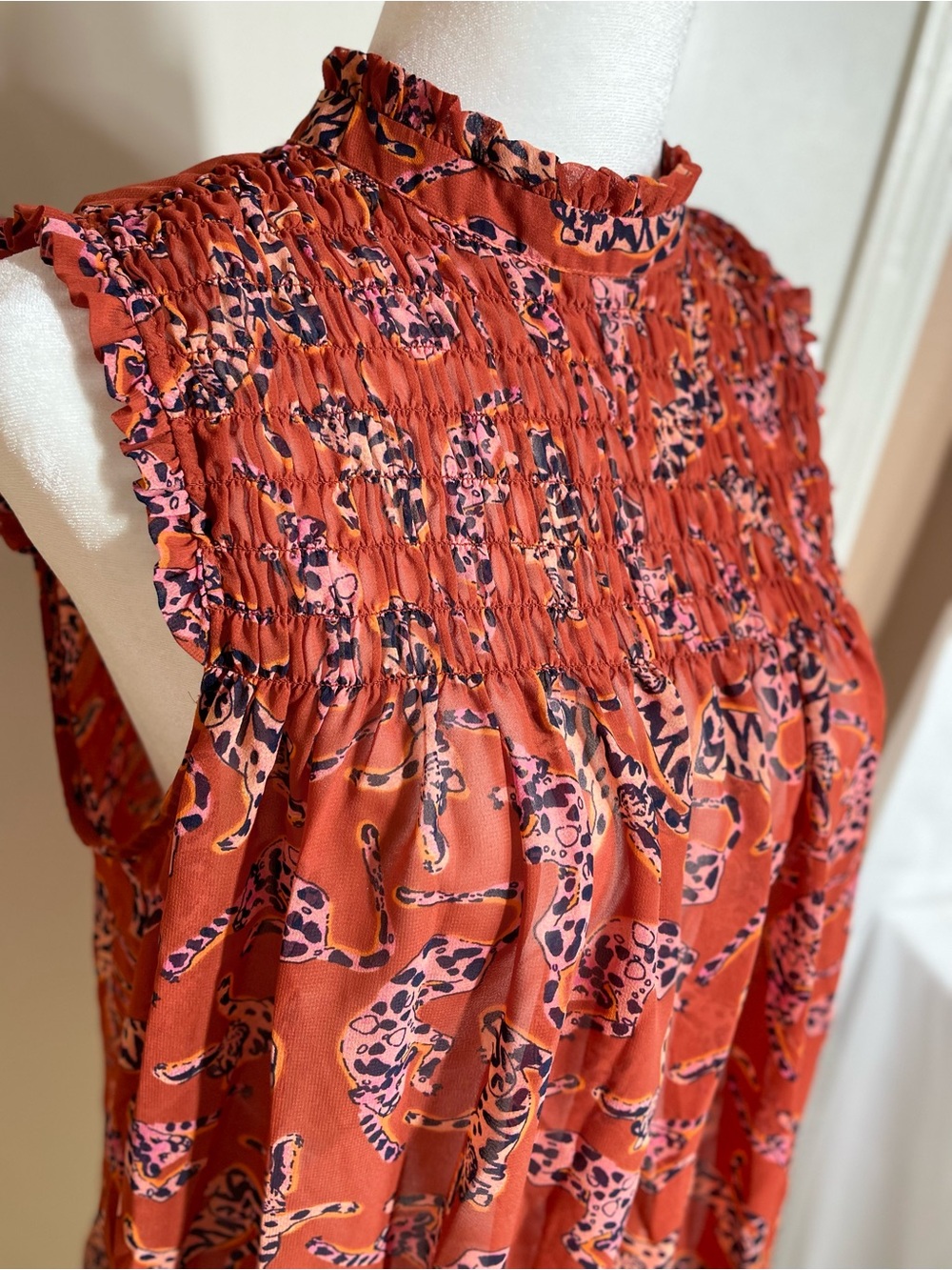NWT Anthropologie Maeve Smocked Mock Neck Sleeveless Blouse Orange Leopard Sz 8